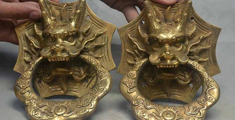 

China FengShui Brass Guard Beast Dragon Kylin Head Statue Door Knocker Pair 15cm