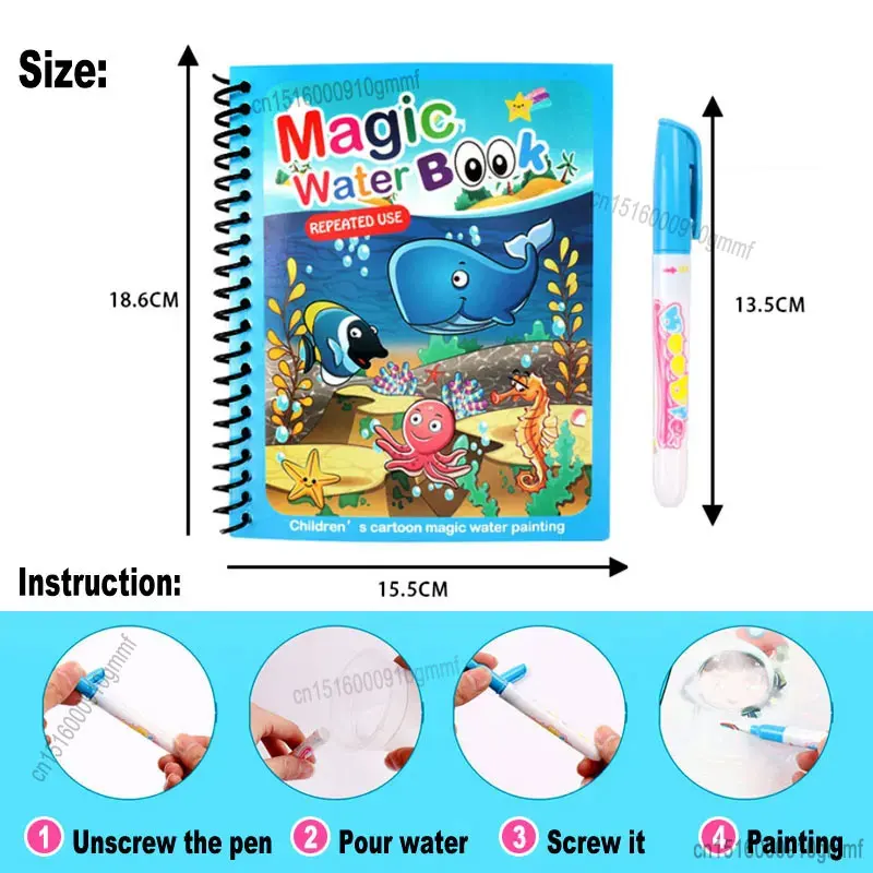 Cartoon Magic Water Paint Coloring Book With Pen Children Kids Education Teaching Sketch Draft DIY Drawing Graffiti Comics Album
