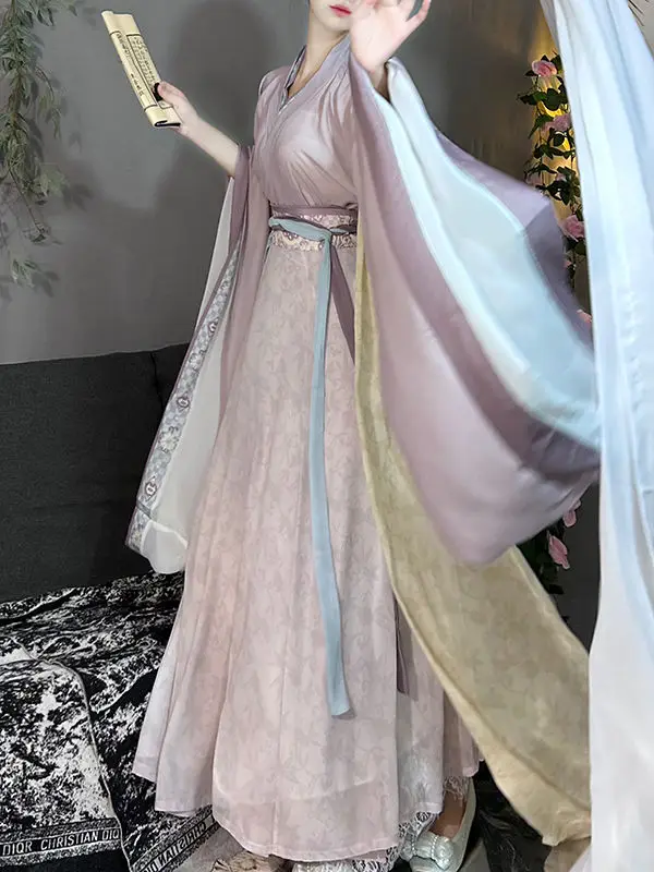 Wei Jin-Conjunto Completo Hanfu Feminino, Manga Larga, Manga Grande, Estilo Chinês, Saia Antiga, Bordado, Estampa do Palácio, Hanfu