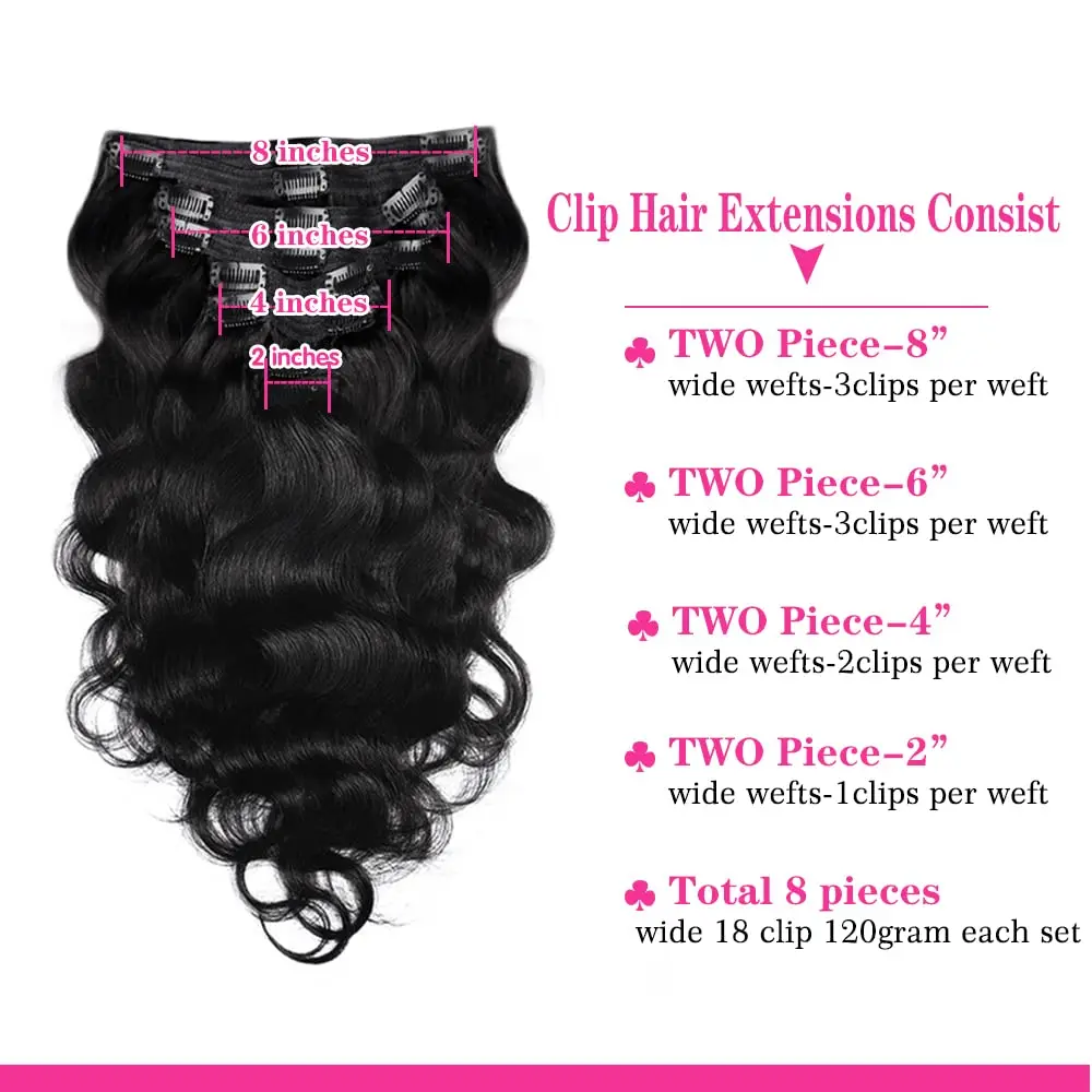 Body Wave Clip In Hair Extensions 100Real Human Hair 120g/Set Natural Black Color Body Wave Clip Ins Przedłużanie włosów dla kobiet