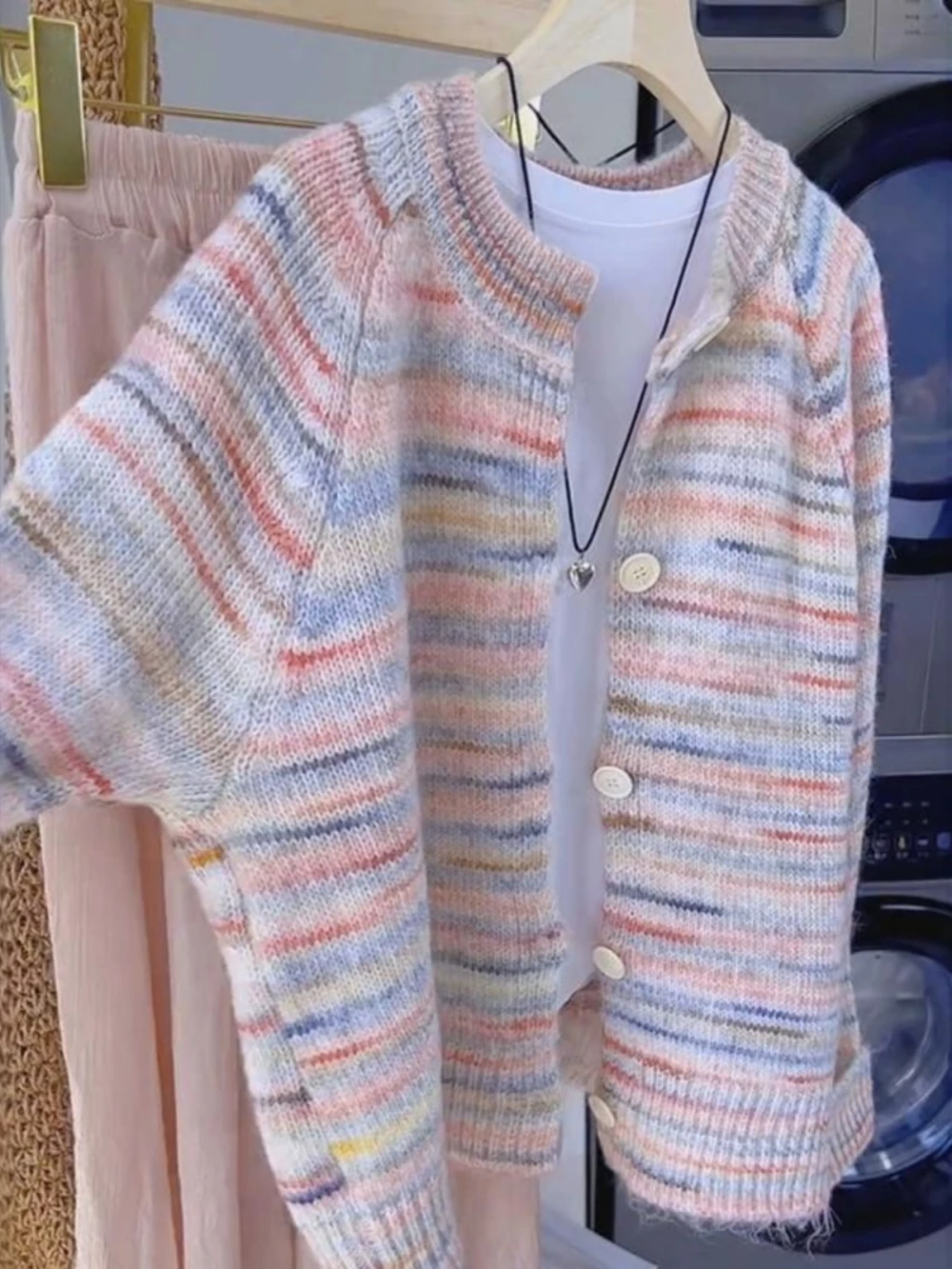 

High-End Women's Rainbow Stripes Bear Fur Knitted Sweater Coat Autumn Winter Sweet Sle Long Sve Regular Length Outerwear