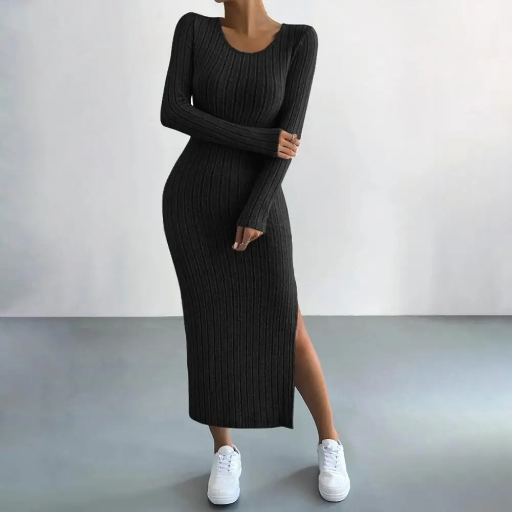 

Women Nipped Waist Dress Striped Solid Color Knitted Midi Dress with Slim Fit Long Sleeve for Fall Winter Women's Fashion