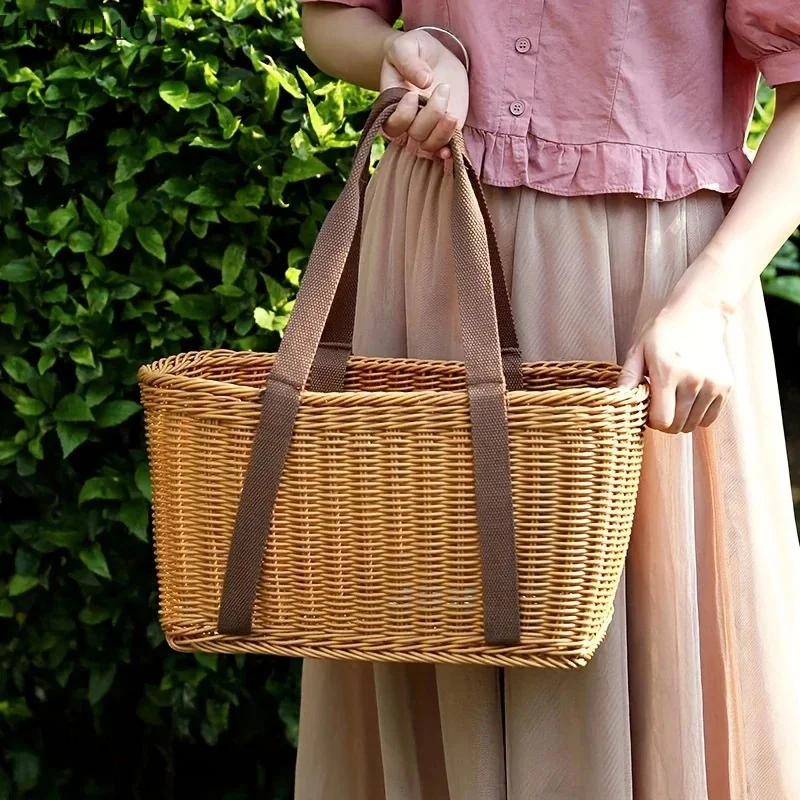 Hand Woven Picnic Basket Imitation Rattan Large Shopping Baskets Fruit Vegetable Storage Basket With Handle