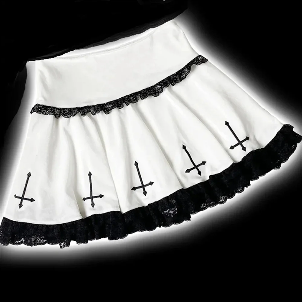 Harajuku Gothic Lolita Style Kpop Mini Skirt Women Black White Lace Skater Cross Embroidery High Waist Punk Pleated Skirt Saias