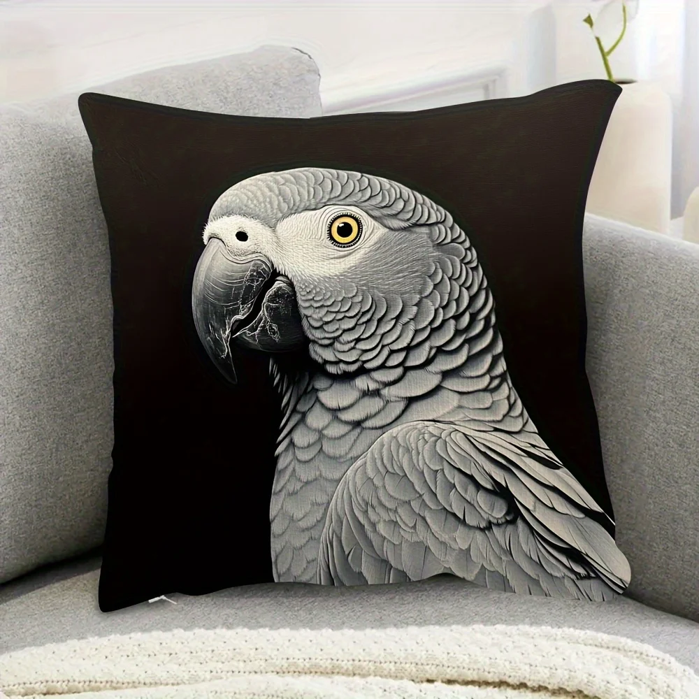 Vintage African Grey Parrot Decorative Pillowcase, Congo Bird Pattern Cushion Cover for Sofa Bed Home Room Decor
