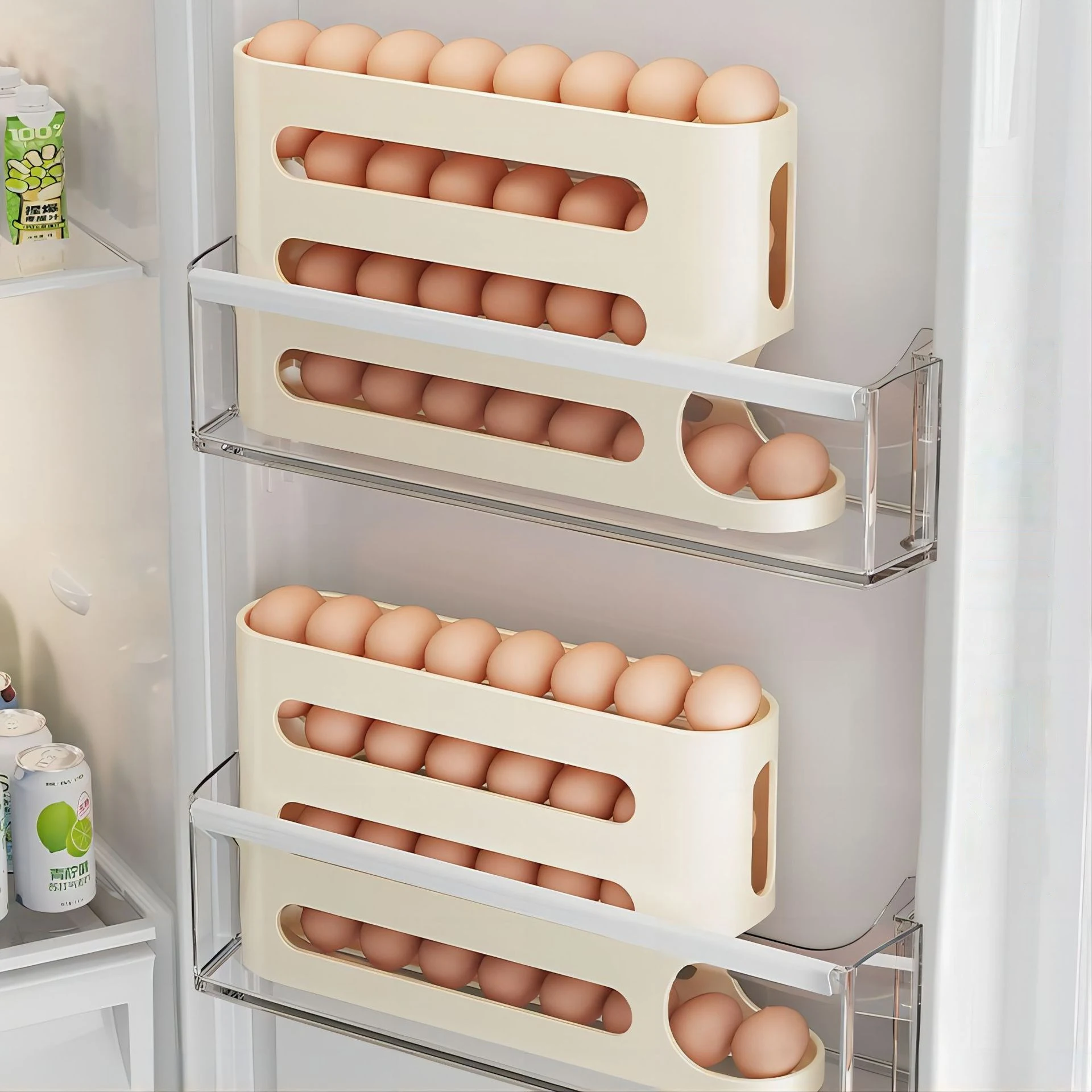 4 Layers Automatic Rolling Egg Holder Rack Fridge Egg Storage Box Container Kitchen Refrigerator Egg Dispenser Fridge Organizer