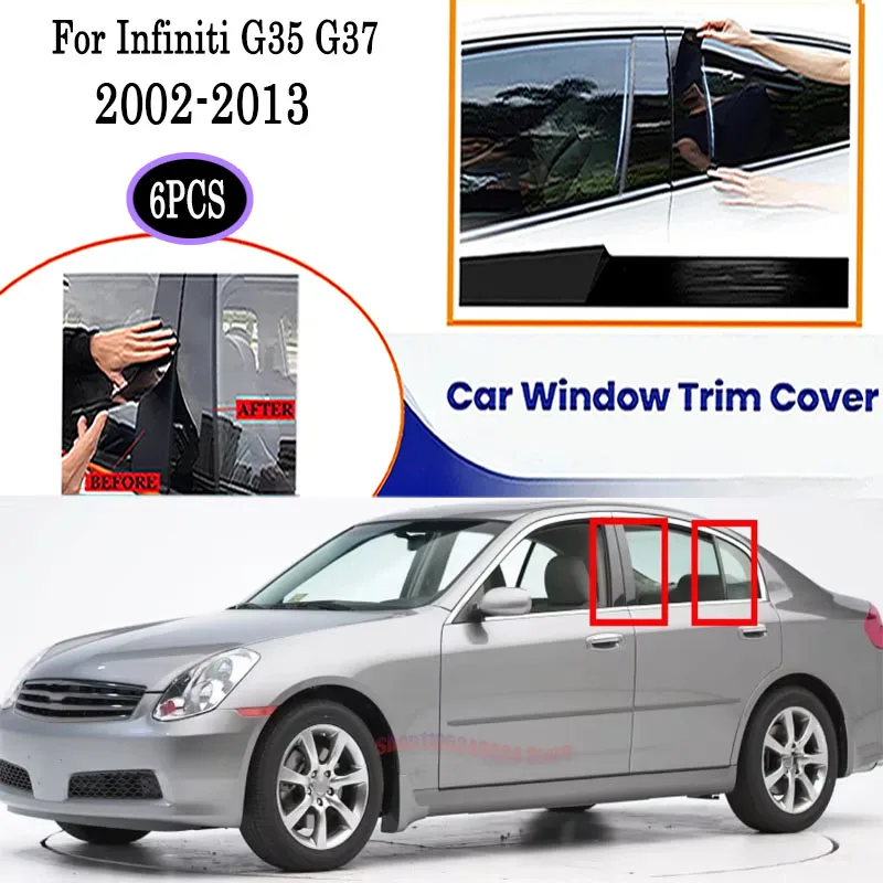 

6PCS High Gloss Black Silver Carbon Window Pillar Post Cover For Infiniti G35 G37 2002-2013 Protective Trim OE Style Set
