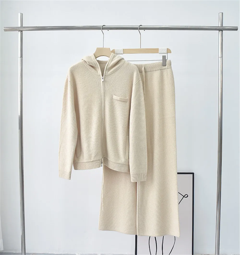 Pure Cashmere Two Set Sweatshirt Women Casual Hooded Double Zip Drawstring Knit  Top Jacket  + High Waist Wide Leg Pants