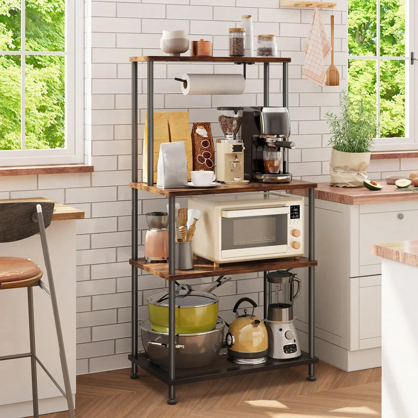 4-Tier Kitchen Bakers Rack With Paper Towel Holder, Small Microwave Stand Storage Cart Utility Workstation Organizer Shelf For Kitchen Living Room, Rustic Brown, 23.6x13x19.2 Inches