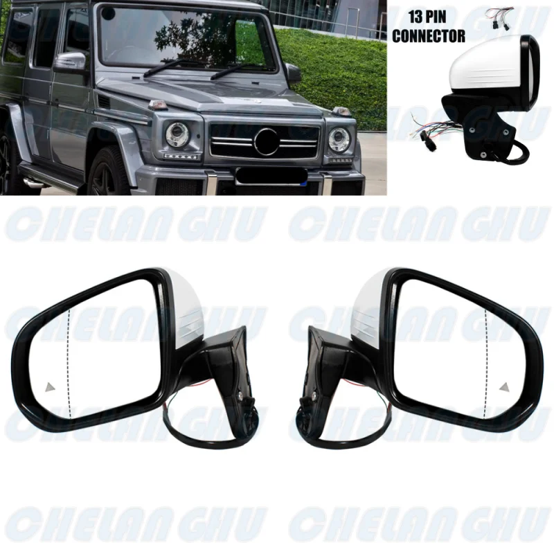 

For Benz W463 2005 2006 2007 2008 2009 2010 2011 2012 2013 2014 2015 2016 2017 2018 1 Pair 13Pins White Painted Auto Fold Mirror