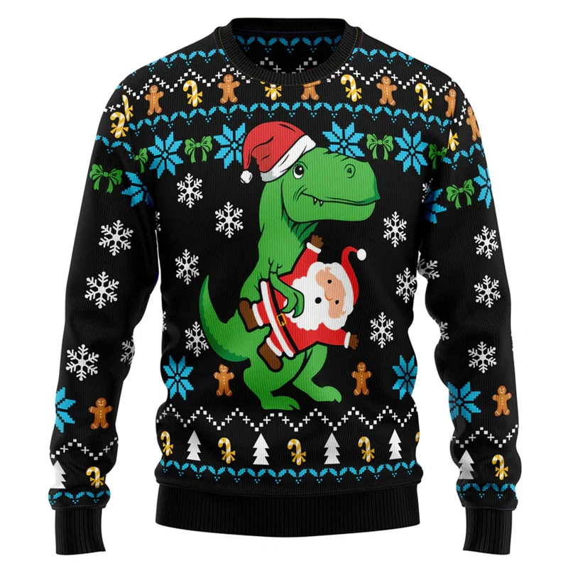 Mode t-rex dinosaure moche pull de noël hommes dessin animé 3D imprimé animaux sweats 2026 nouvel an joyeux noël à capuche