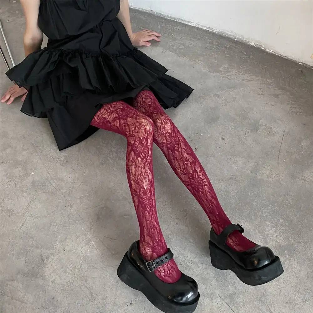 Fashion Flower Embroidery Mesh Hollow Out Sexy Pantyhose Women's Fishing Net Tights Cool Girl Colored Hipster Harajuku Stockings