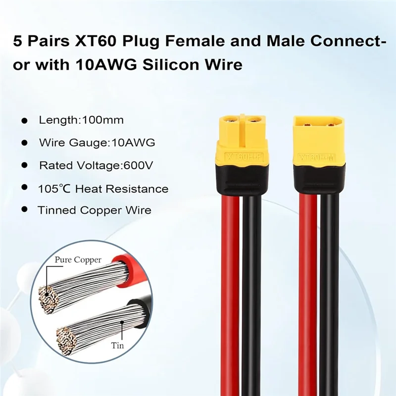 

A10R 5 пар разъемов XT60 «мама» и «папа» с силиконовым проводом 100 мм 10AWG для гоночного дрона RC Lipo Battery FPV