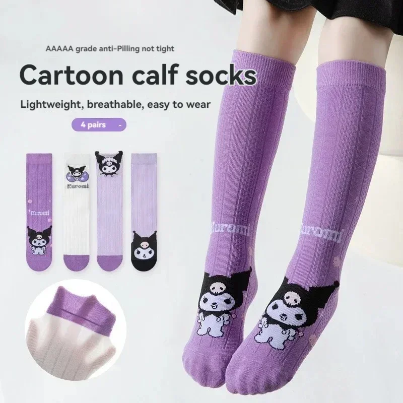 

4pairs Kawaii Sanrio My Melody Hello Kitty Socks Children Calf Socks Cartoon Cotton Girls Bow Spring Stockings Girls Kids Gifts