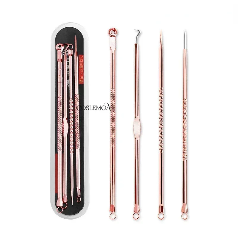 4pcs/set Blackhead Comedone Acne Pimple Needle Rose Gold Stainless Steel Blackhead Remover Spoon for Face Skin Care Tool