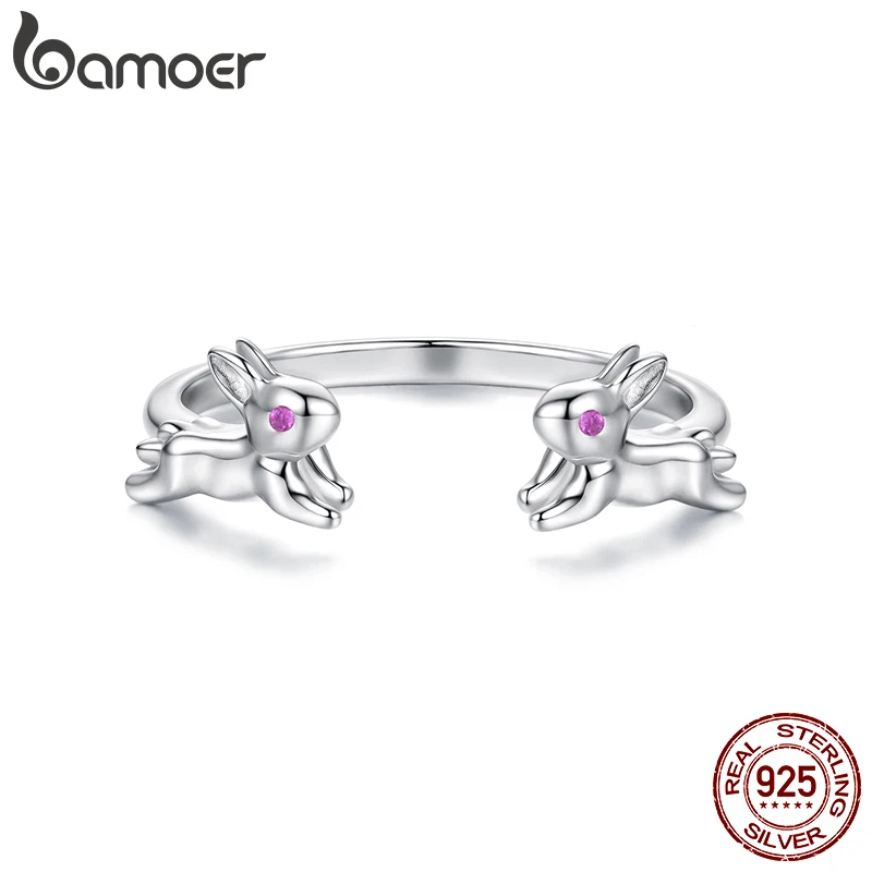 

Открытое кольцо Bamoer из стерлингового серебра 925 пробы с двойным кроликом, сказочное животное, розово-красное кольцо с фианитом для женщин-подростков, милый рождественский подарок для домашних животных