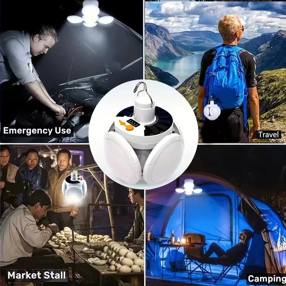 Solar Camping Lantern Collapsible Portable Tent Lamp With Hanging Hook LED Football Bulbs Waterproof For Camping Tent Fishing