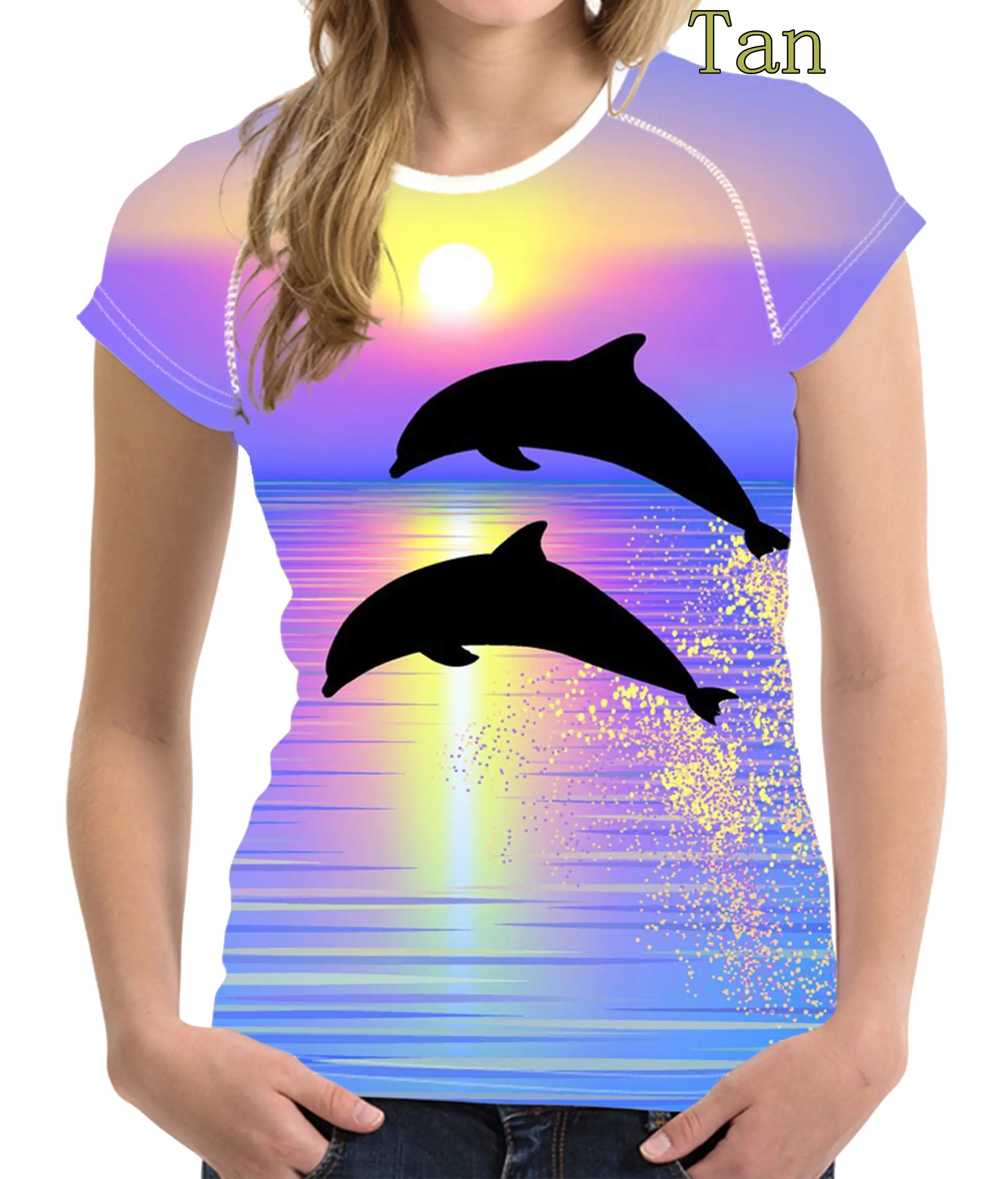 New Women\'s Top Fashion Summer Casual Short Sleeves Round Neck 3d Printed T Shirts Dolphin Shirts Womens