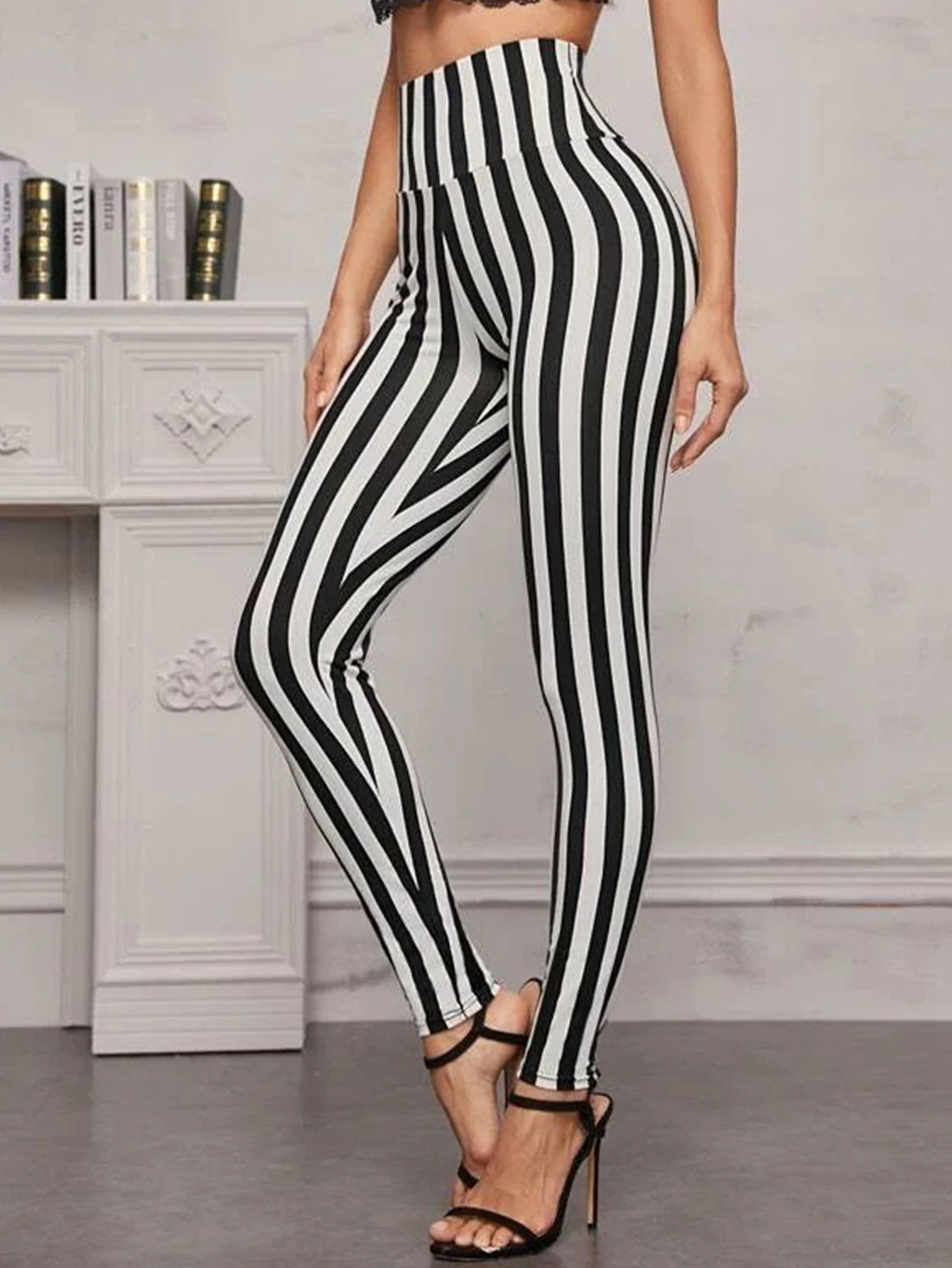 European And American Black And White Striped High-waisted Nine-point Leggings Fashion High-stretch Skinny Nine-point Pants