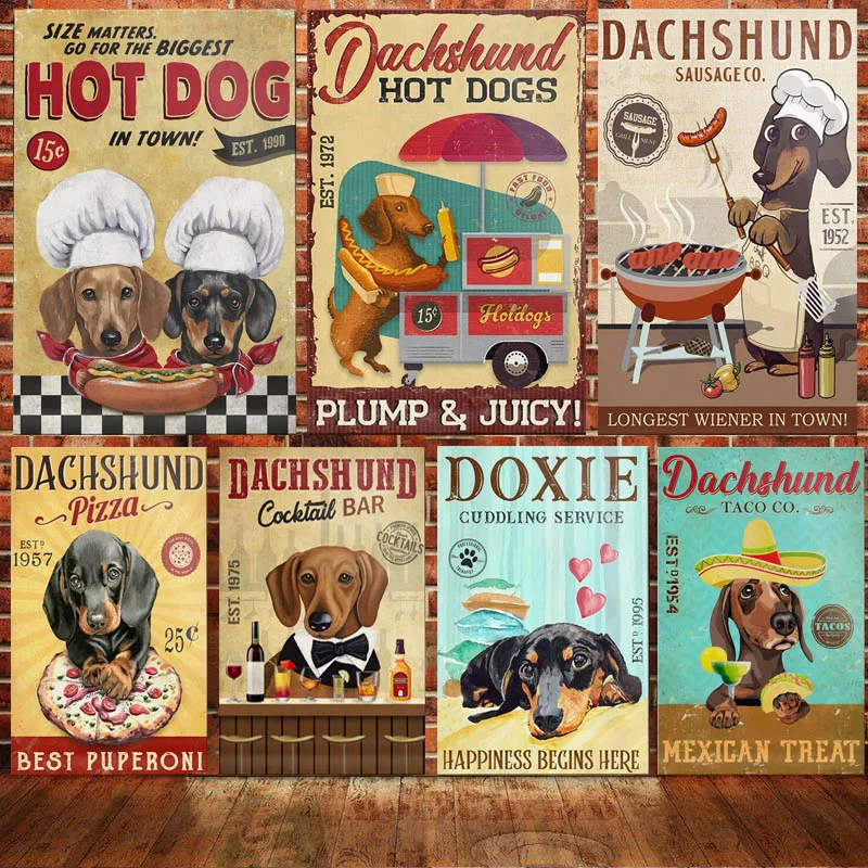 Dachshund Hot Dog Tin Sign Vintage Poster of Fresh and Fast Hot Dog Retro Signs Wall Art Decor for Home Bar Club Cafe 8x12 Inch