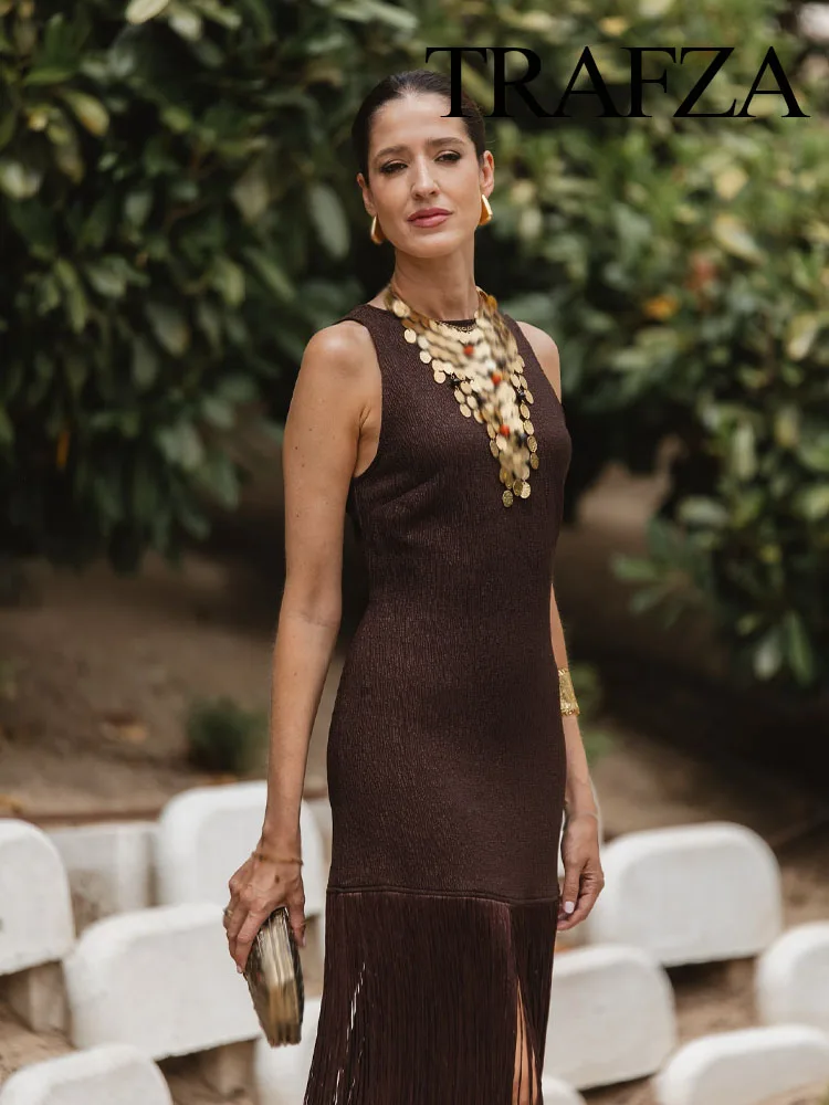 

TRAFZA Female Fashion Sleeveless Dresses Solid O-Neck Backless Hollow Out Tassel Decoration Zipper Women Summer Sexy Long Dress