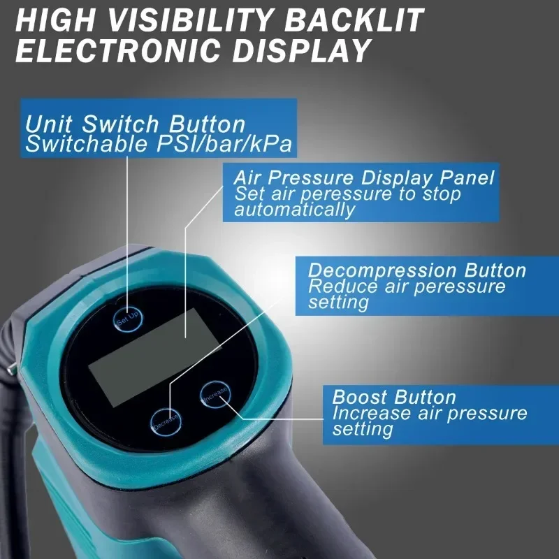 Bomba de ar elétrica de lítio display digital carro sem fio bomba de ar portátil carro inteligente pneu bomba de ar parada de carregamento automático