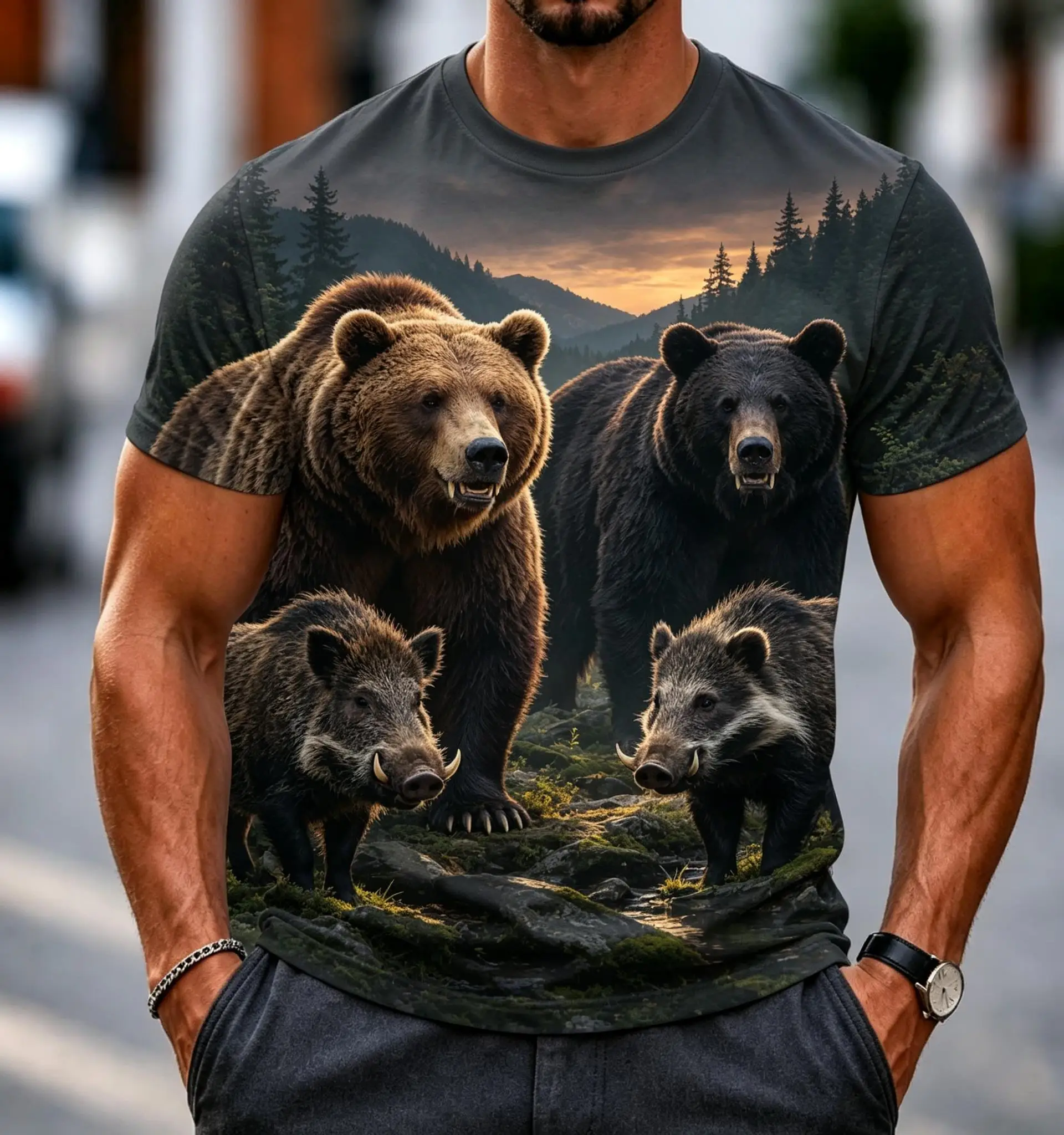 Men Wildlife Short Sleeve Tee, Brown Bear Black Forest Animal Allover Print Casual Top