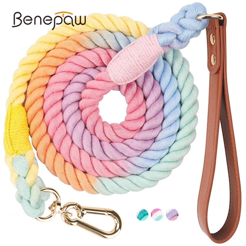 Benepaw Strong Dog Leash No Tangle Handmade Braided Cotton Rope Comfortable Leather Handle Pet Lead For Small Medium Large Dogs