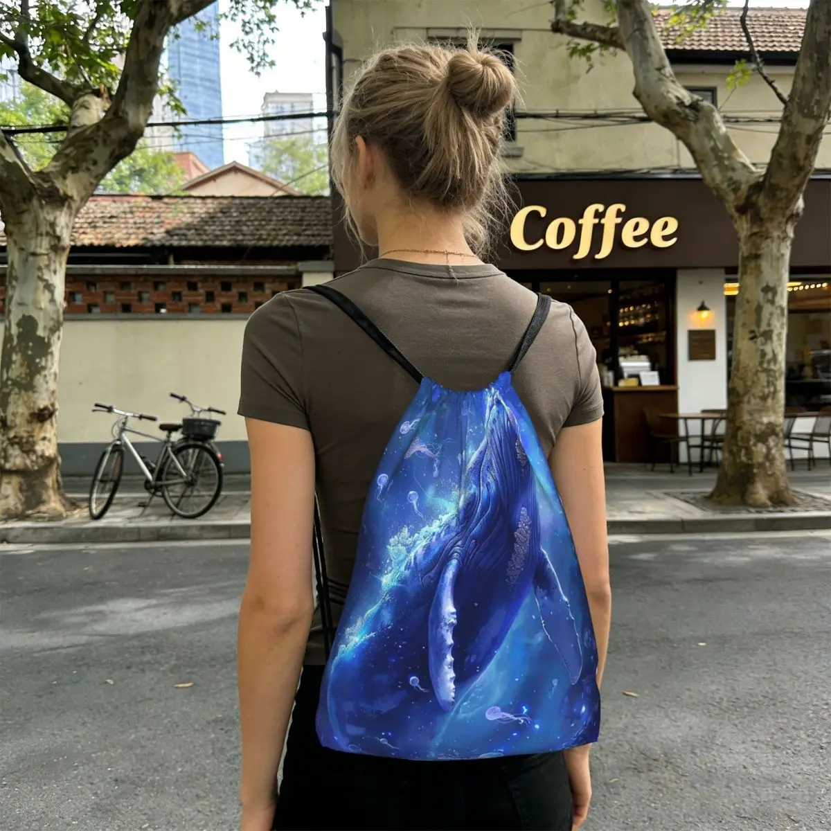 Blue Deep Sea Jellyfish Whale Pattern Backpacks Multi-function Drawstring Bundle Pocket Shoes Bag Book Bags for Travel School