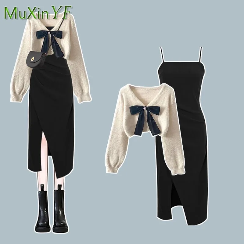 2024 Women\'s Autumn/Winter New Fashion Knitted Sweater Dress Matching Set Korean Elegant Bow Cardigan Strap Skirt Two Piece Suit