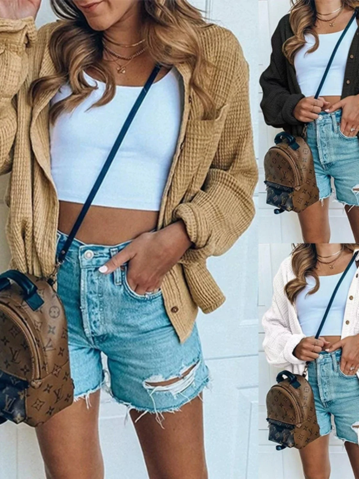 

Casual Pure Color Button up ket irt Wfle Pattern Women's ort Outerwear Slim Fit Long Sve Flip Collar Summer irt