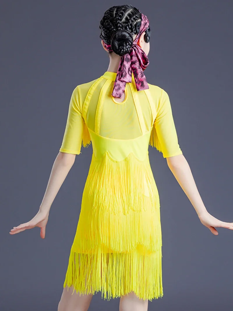 Bambini Ragazze Nappa Catena Maglia Giallo Vestito da ballo latino Abbigliamento per spettacoli teatrali Cha Cha Concorso Bambini Sala da ballo Dancewear