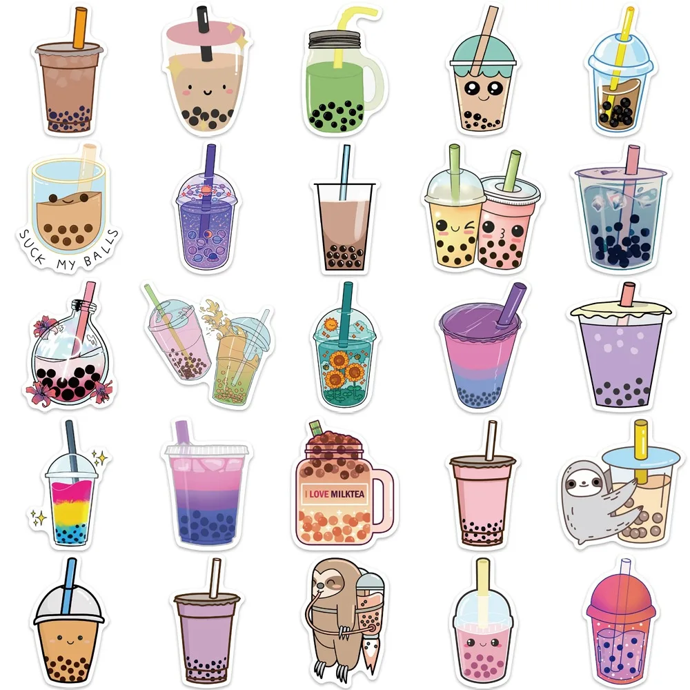 50PCS Cartoon Cute Pearl Milk Tea Stickers Pack For Girl Boba Bubble Teas Decal Sticker To DIY Stationery Luggage Laptop Guitar