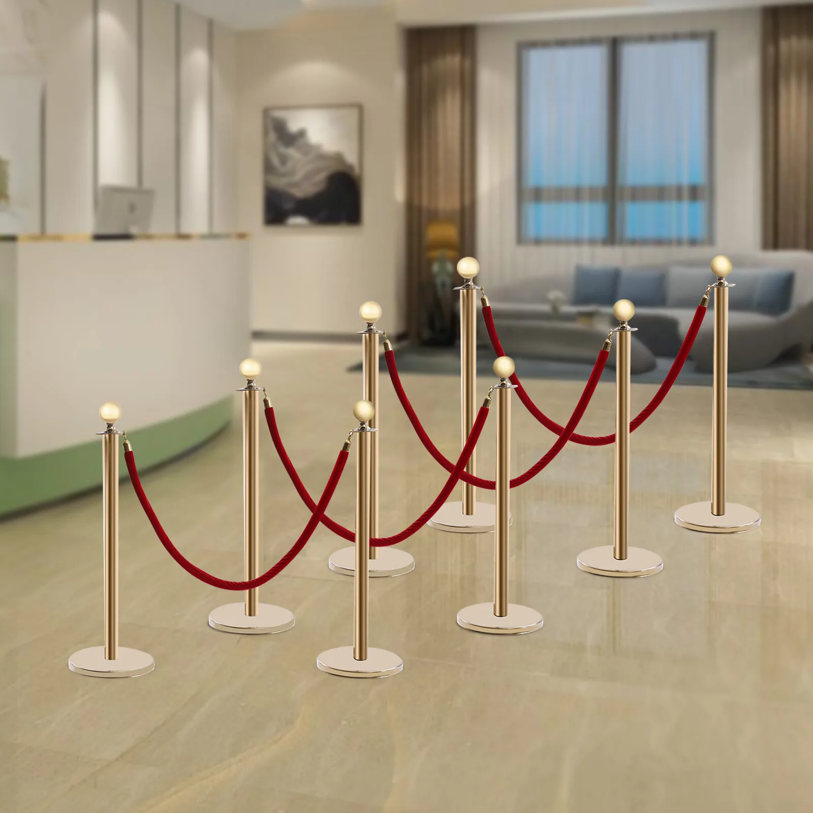 Gold&Red 8-Piece Stanchions With Ropes(Flexible&Secure) - Four-Way Top Connection&Customizable Layout, Rope End Buckles