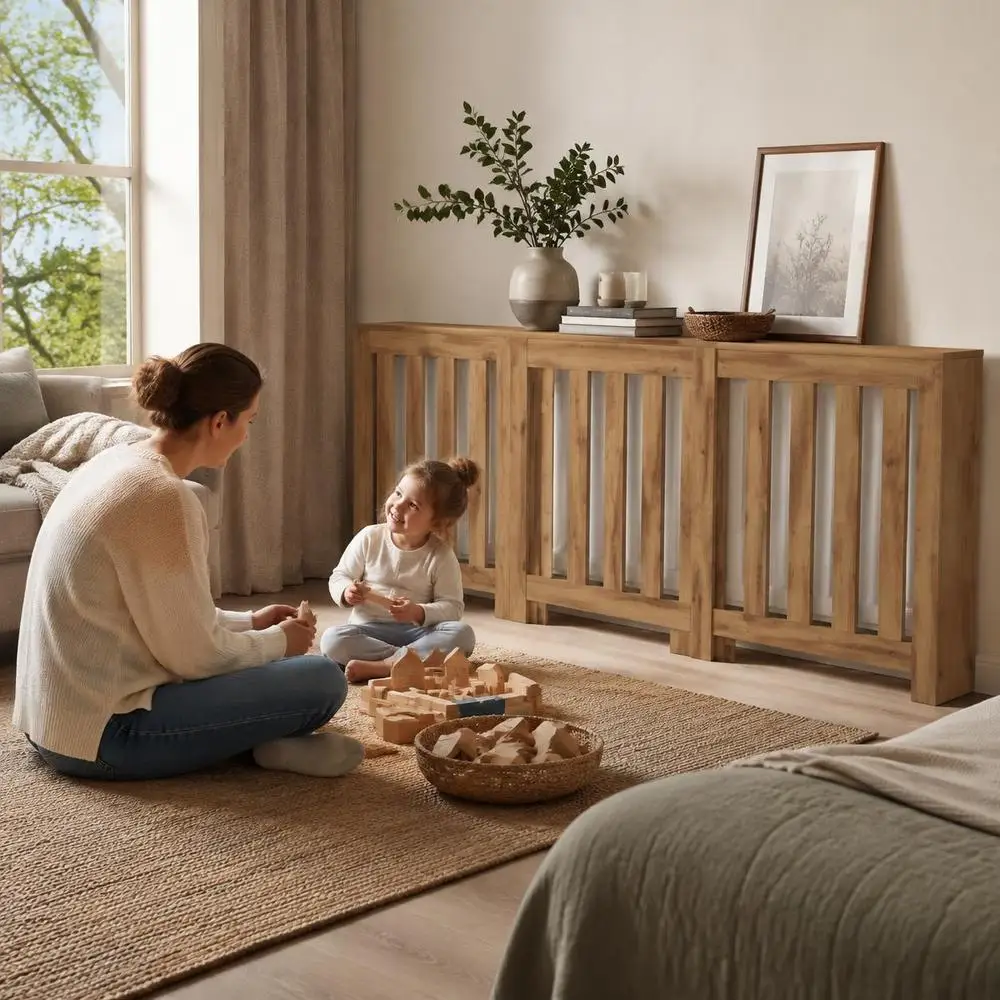 Copertura per Radiatore in Quercia, Mobile Moderno in Legno a Doghe con Ripiano Superiore, Legno Ingegnerizzato Facile da Pulire per Arredamento Soggi