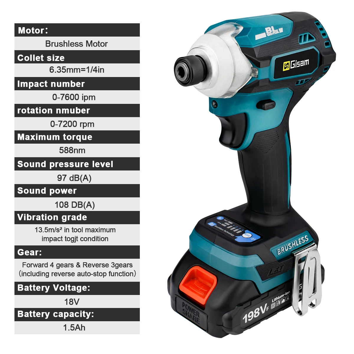 588N.m Cordless Brushless Electric Drill Screwdriver Impact Driver 4-Speed Screwdriver 1/4\'\' 3 LED Light for Makita 18V Battery