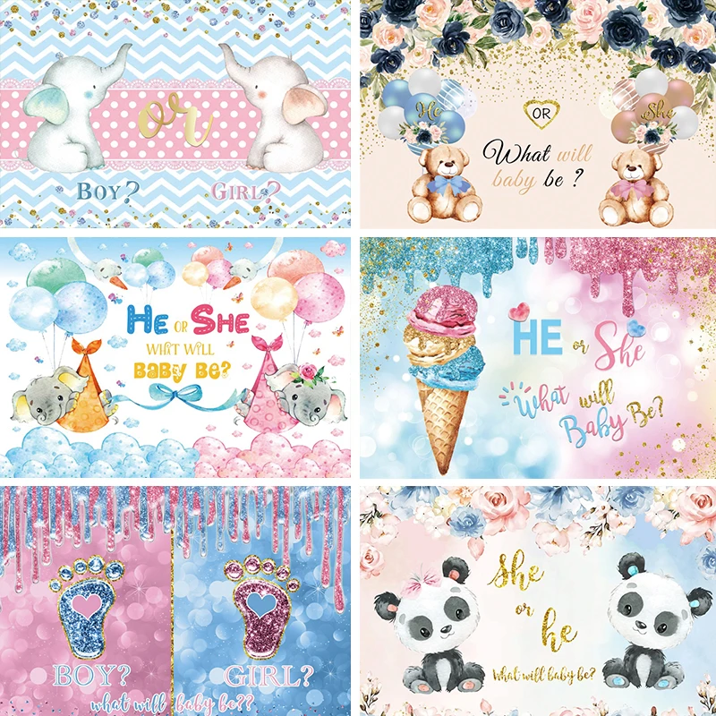 Laeacco Gender Reveal Party Photo Background Boy Or Gril Elephant Polka Dots Blue Stripe Banner Photography Backdrop Photostudio