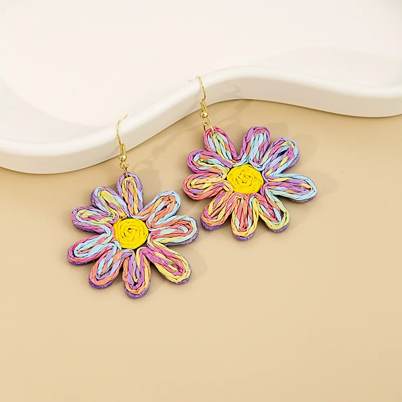 Earrings Handwoven Raffia Daisy Colorblock Boho Summer Beach Lightweight Natural Resort Daily Party Gift Women