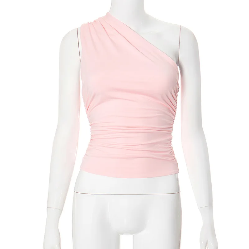 Candy Color Tight Sexy Sleeveless Neckless Slim Casaul Top Solid Color One Shoulder Backless Shrink Tank Top T-Shirt