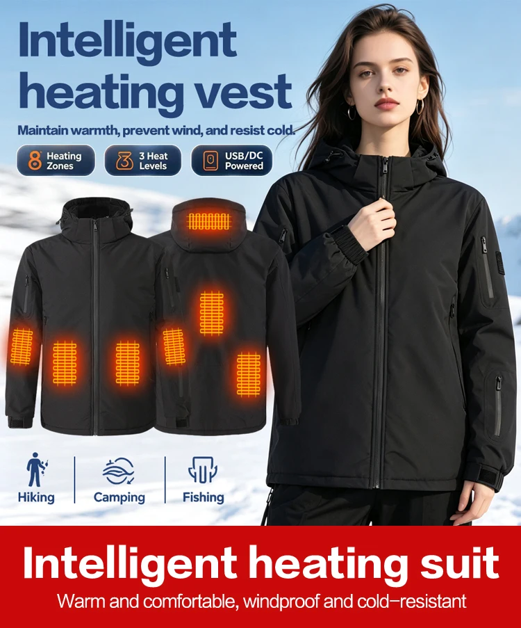 Unisex-Heizjacke, USB-aufladbar, 8 Heizzonen, elektrisch beheizter, warmer Kapuzenmantel, winddicht, wasserdicht, für den Winter, Outdoor, beheizt – Detail 1