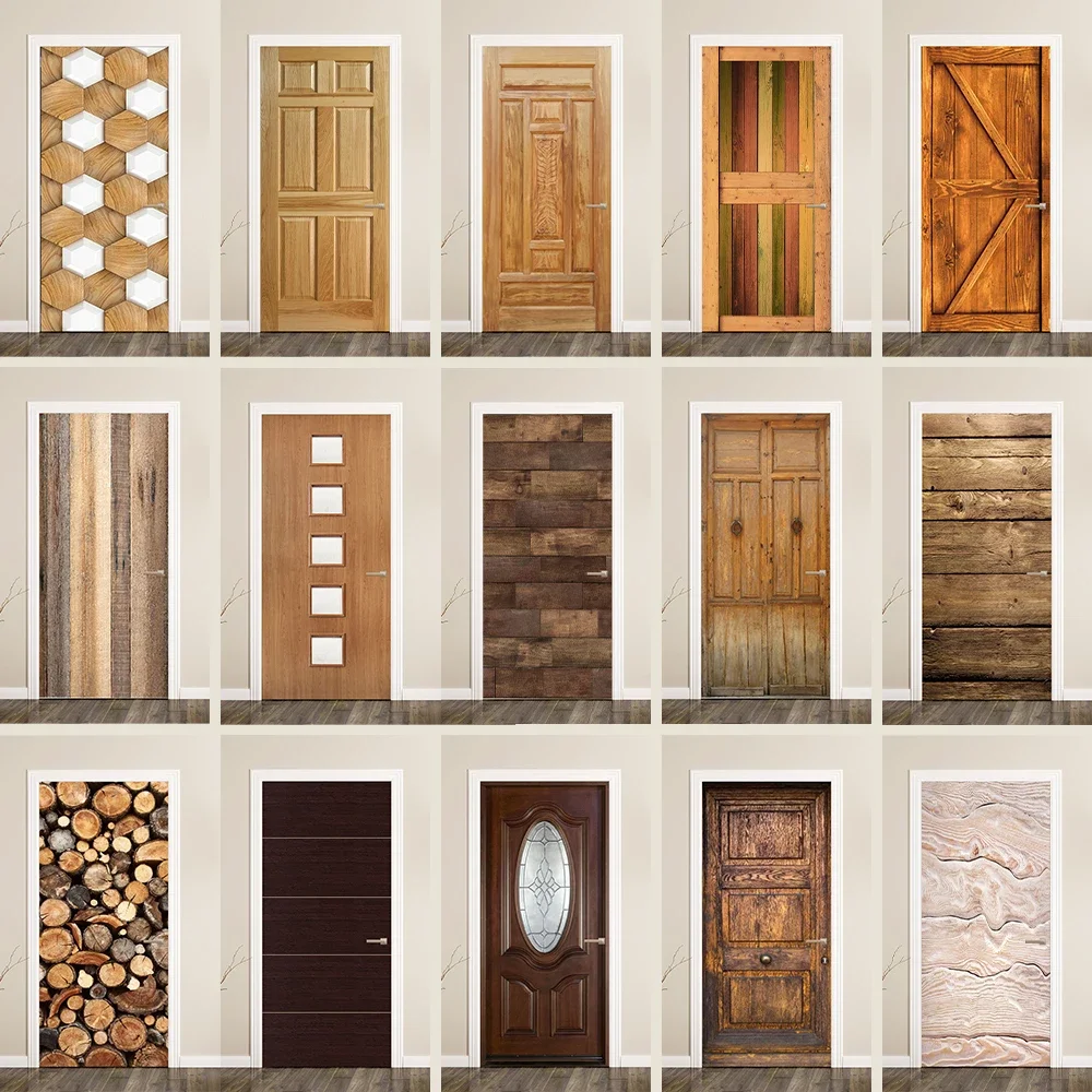 

Retro Wood Printed Door Stickers Self-adhesive PVC 3D Realistic Vintage Wooden Door Wallpaper for Fridge Living Room Makeover