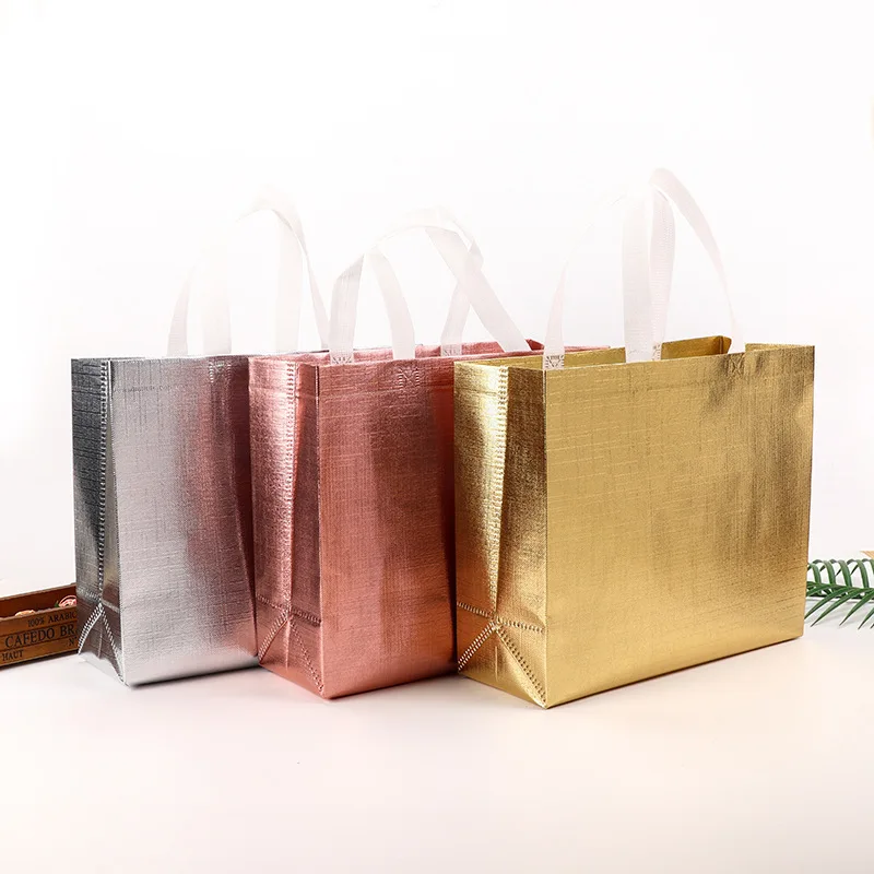 Sacs cadeaux réutilisables en or rose non tissé de grande taille avec sacs cadeaux blancs Foy, sac de faveur de fête d'anniversaire, 5 pièces, 10 pièces