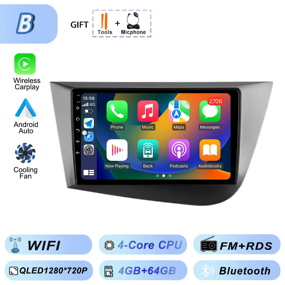 Draadloze Carplay Android 15 voor Seat Leon 2 2005-2012 Multimedia Video Player Wifi Autoradio Navigatie GPS Stereo Android auto