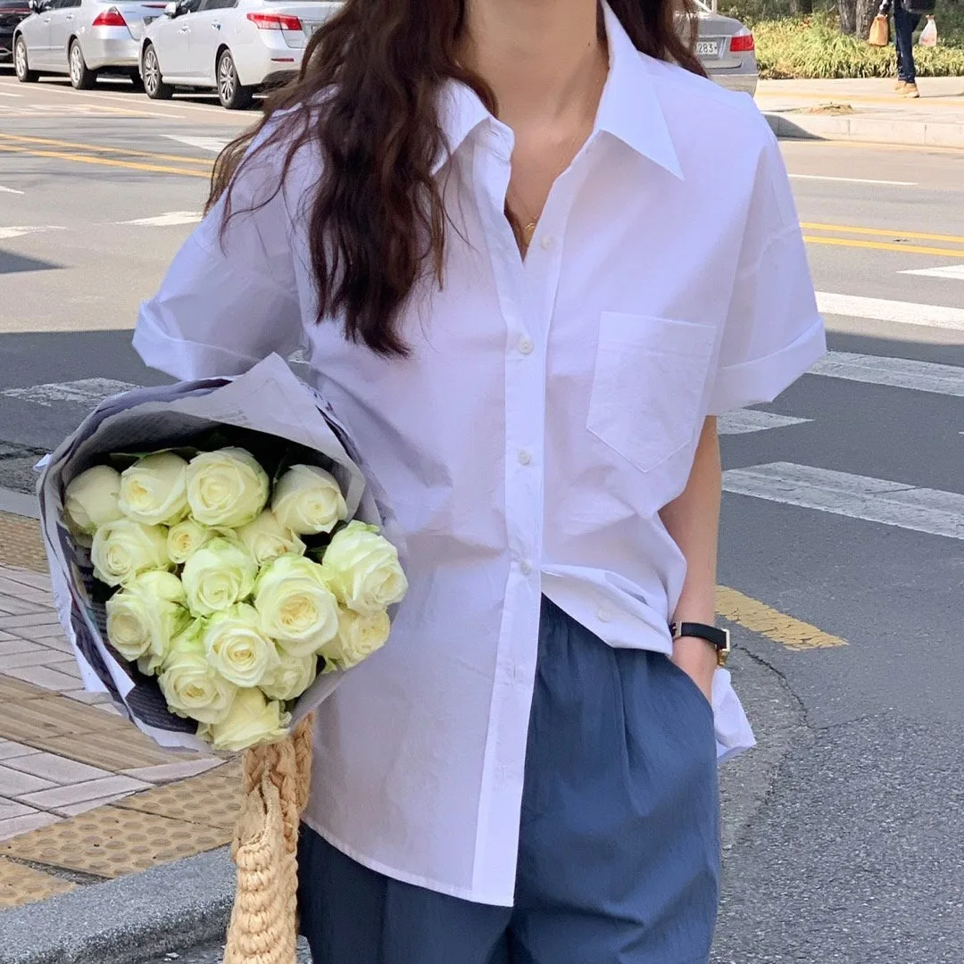 

White ort Sve Women's irt Chic Versatile Single Button Summer 2025 Top Loose Fit Pure Color Polyester Fabric