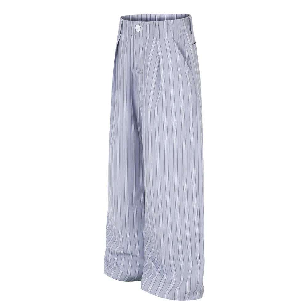 MWJLPWQ Vertical Striped Loose Wide-Leg Pants For Men Trend American Vibe Japanese Casual Straight Pleated Design Trousers 20941
