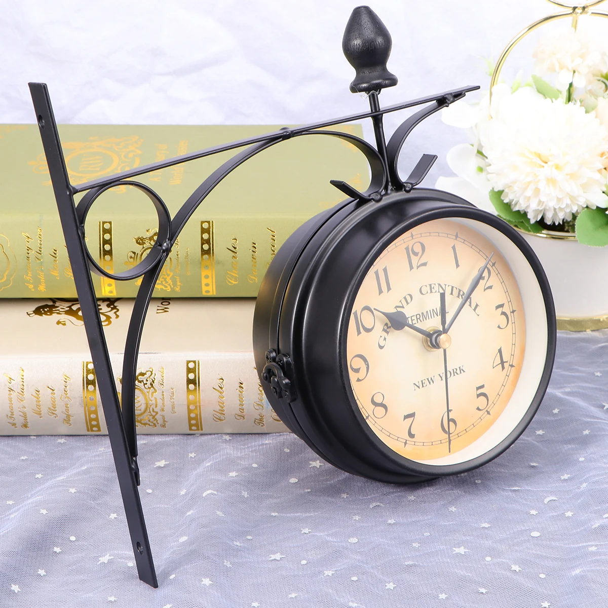 Double Sided Train Station Waterproof Wall Clock For Garden Retro Wrought Iron Metal Wall Clock Silent Indoor Outdoor Decoration