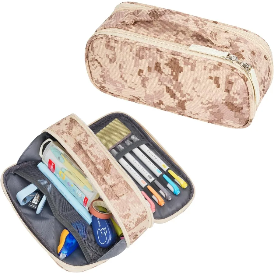 مقلمة تكتيكية للأولاد ذات سعة كبيرة جدًا وحقيبة أقلام مموهة للرجال والكبار مكونة من 3 أقسام بسحاب مقصورة صغيرة T