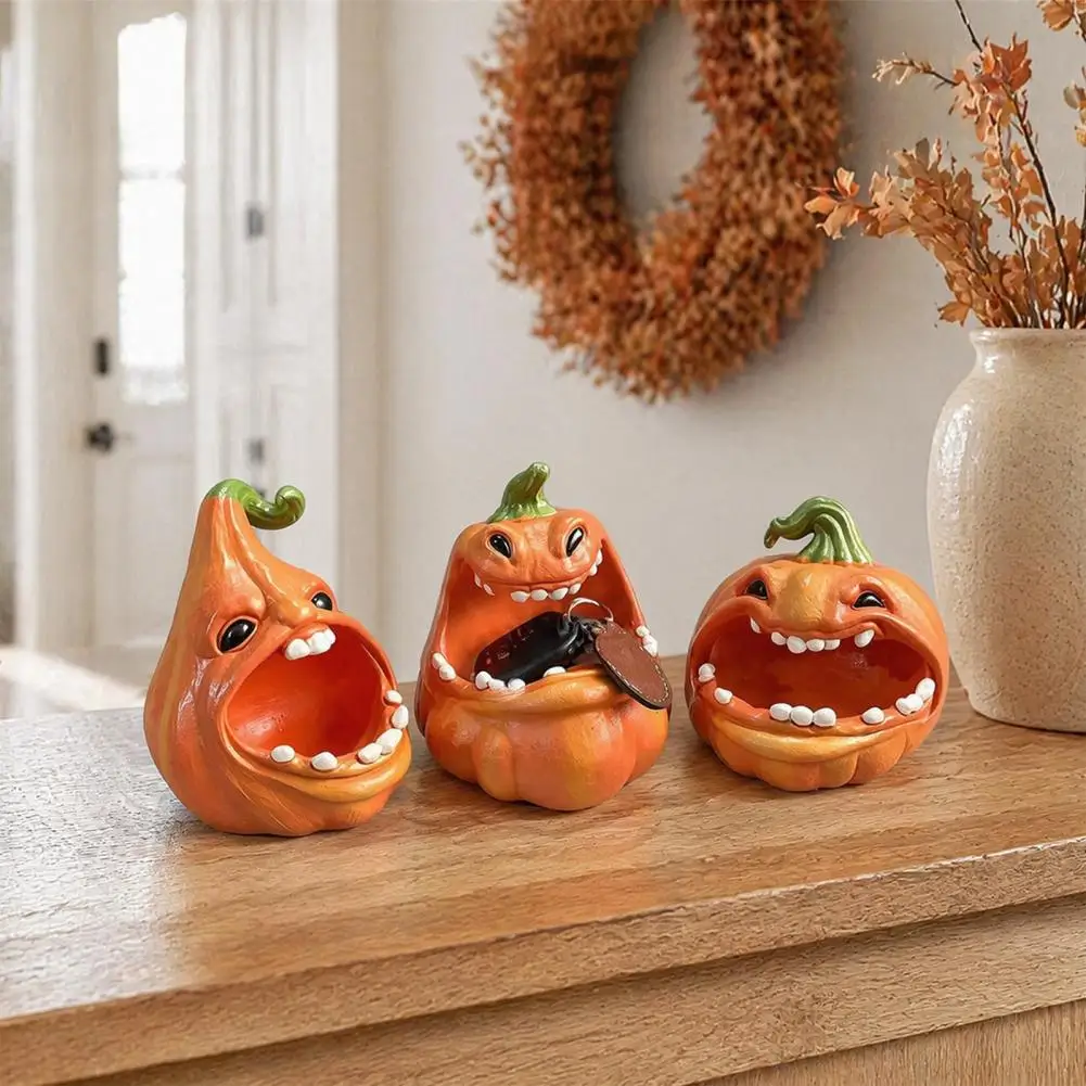 Halloween Pumpkin Storage Box Big Mouth Cartoon Pumpkin Resin Figurine Jewelry Keys Container Desktop Decors view 4