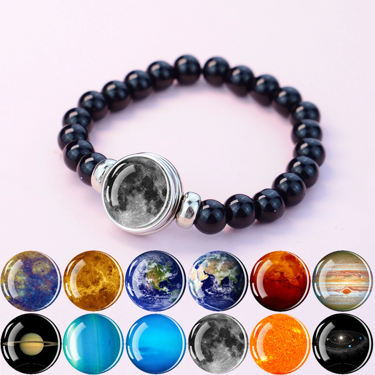 1PC Solar System Theme Planet Pattern Bracelet, Detachable Pendant Replacement Design, Black Elastic Bead Bracelet,