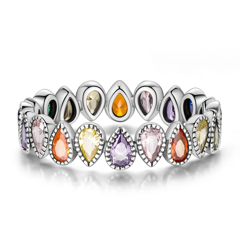 Original 925 Sterling Silver Rainbow Waterdrop Ring For Women Girls Jewelry Birthday Anniversary Gifts